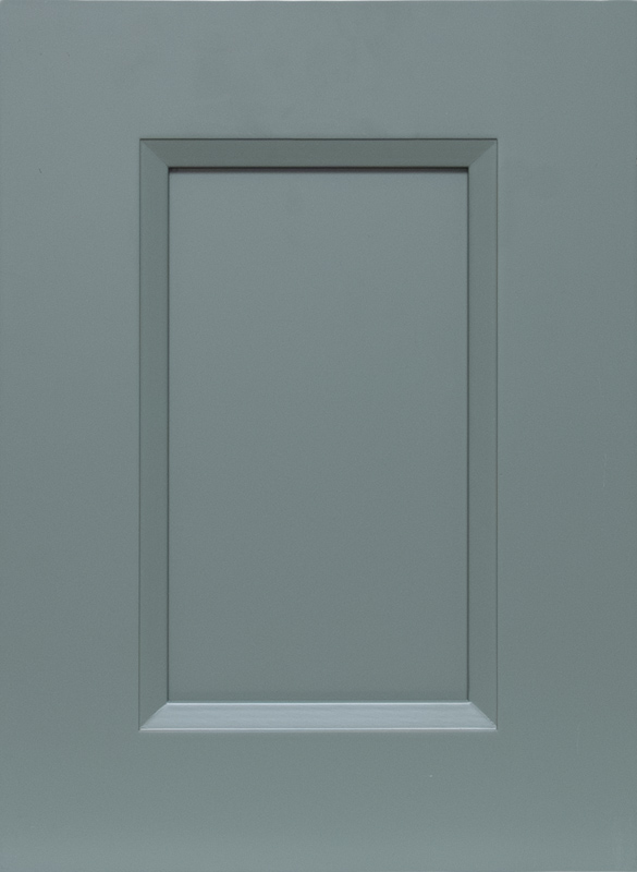 Global Double Jade raised-panel cabinet door with muted green-gray finish and beveled center detail