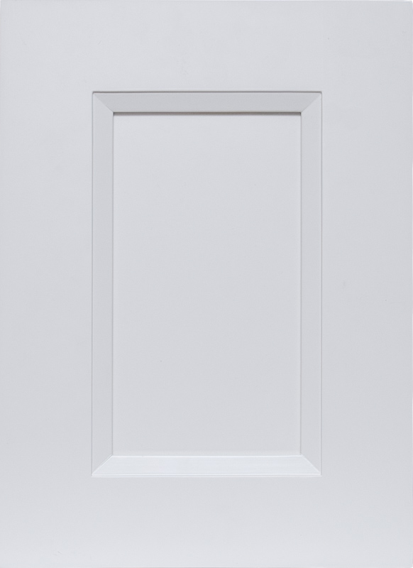 Global Double Sand raised-panel cabinet door with soft off-white finish and beveled center detail