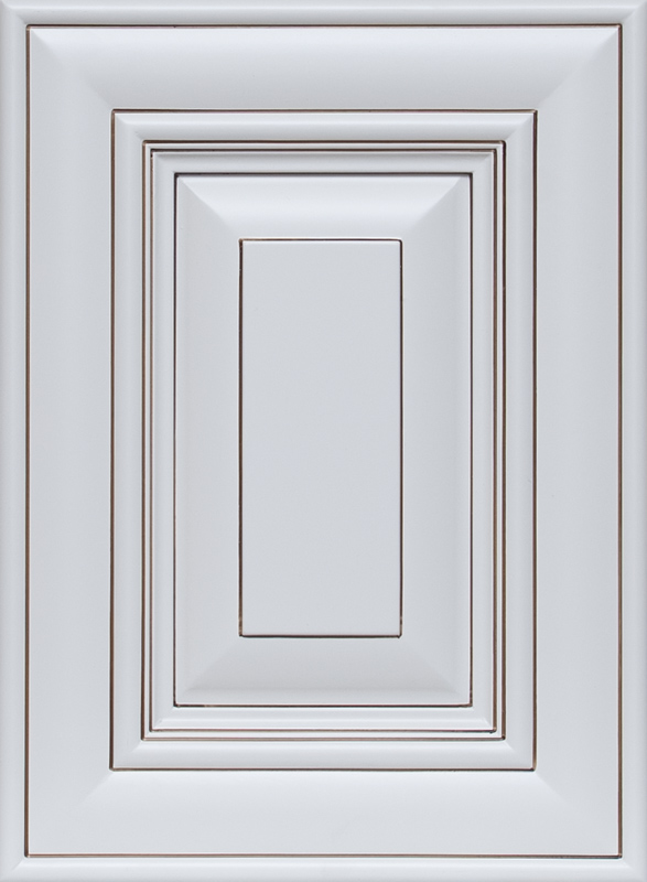 Global Oatmeal raised-panel cabinet door with soft warm white finish and decorative molding detail