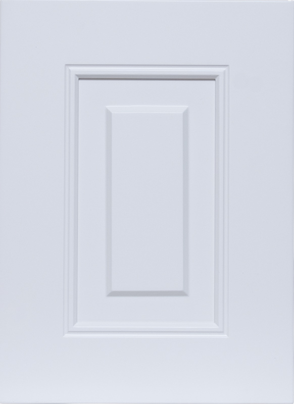 Global Raised Blanco raised-panel cabinet door with bright white finish and decorative molding detail