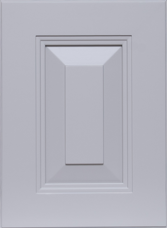 Global Raised Dove raised-panel cabinet door with soft light-gray finish and decorative molding detail