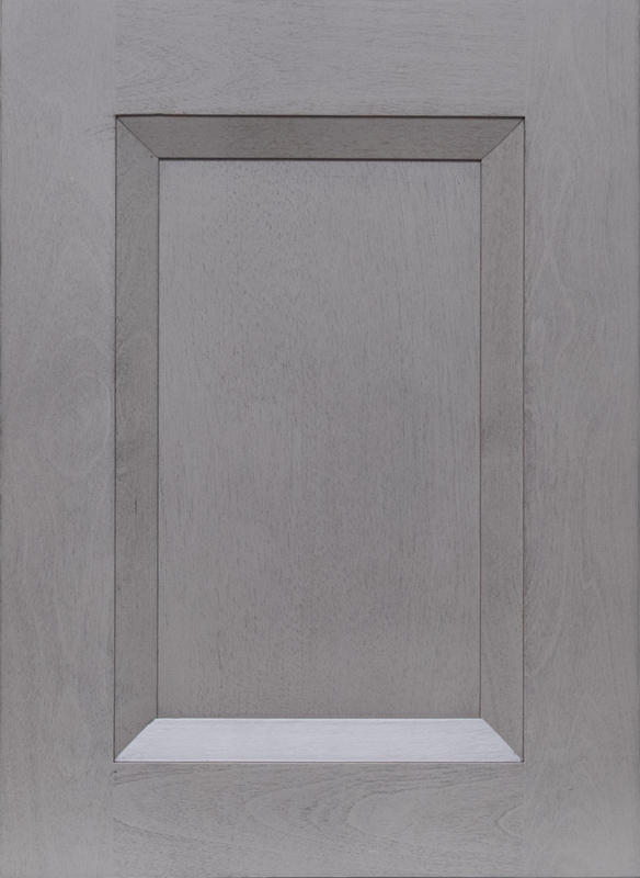 Global Oxford Mist raised-panel cabinet door with soft gray wood finish and beveled center detail