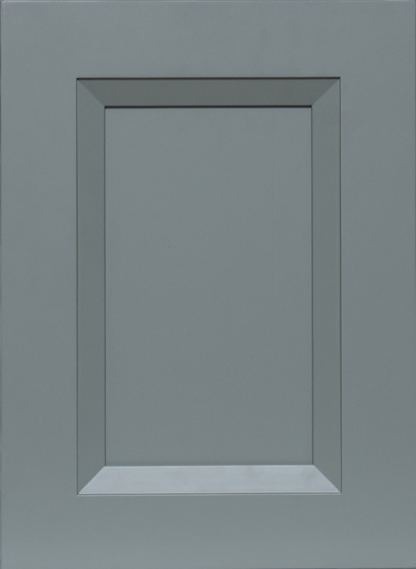 Global Oxford Sage raised-panel cabinet door with soft sage-green finish and beveled center detail