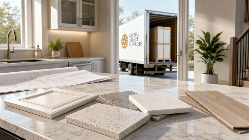 Countertop, cabinet, and flooring samples with Global Direct Suppliers delivery for builders in Georgia