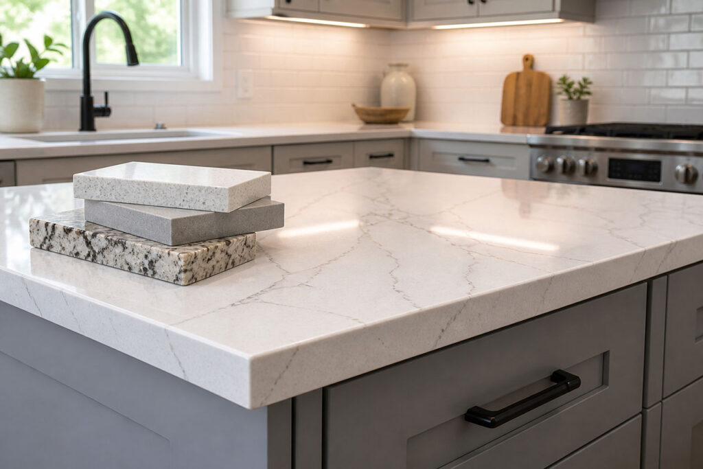 Installed quartz countertop with granite and solid surface samples showing finishes and edge profile
