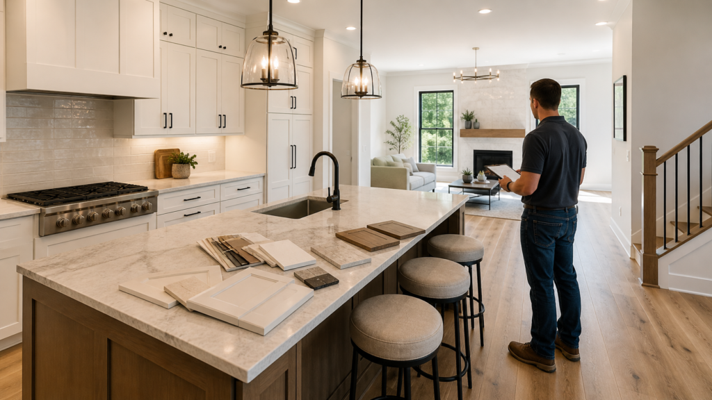 Builder reviewing cabinet, flooring, and countertop selections in a finished residential kitchen